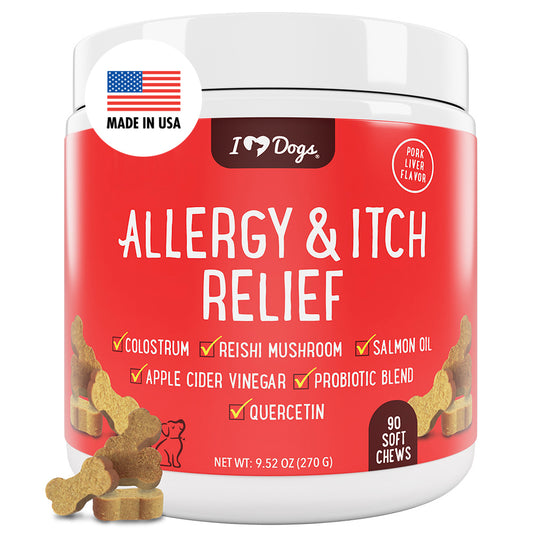 Set of 1 Bacon Flavored Hemp Calming Soft Chews and 1 Allergy & Itch Relief for Dogs with Salmon Oil, Quercetin, Colostrum, Antioxidants and Probiotics