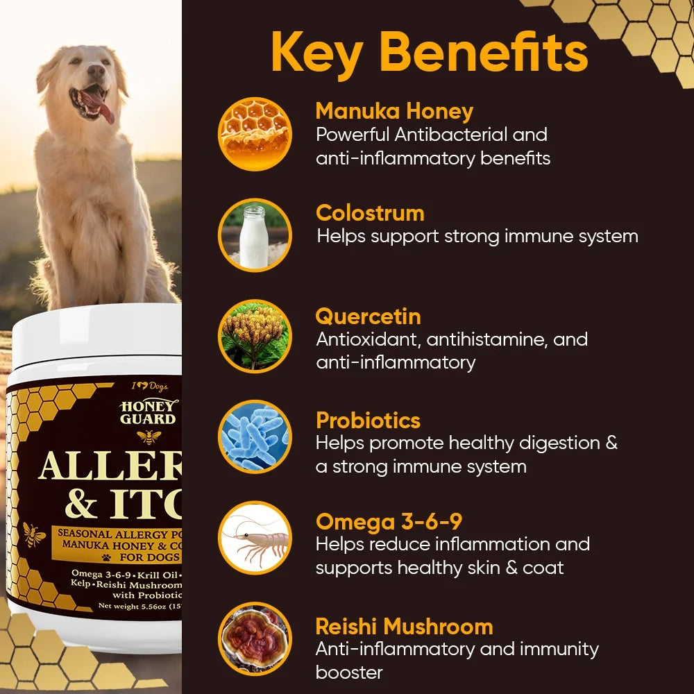 Honey Guard™ – Allergy & Itch Powder for Dogs Extra Strength with Manuka Honey, Quercetin, Colostrum, Krill Oil and Probiotics – 90 Scoops