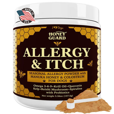 Honey Guard™ – Allergy & Itch Powder for Dogs Extra Strength with Manuka Honey, Quercetin, Colostrum, Krill Oil and Probiotics – 90 Scoops